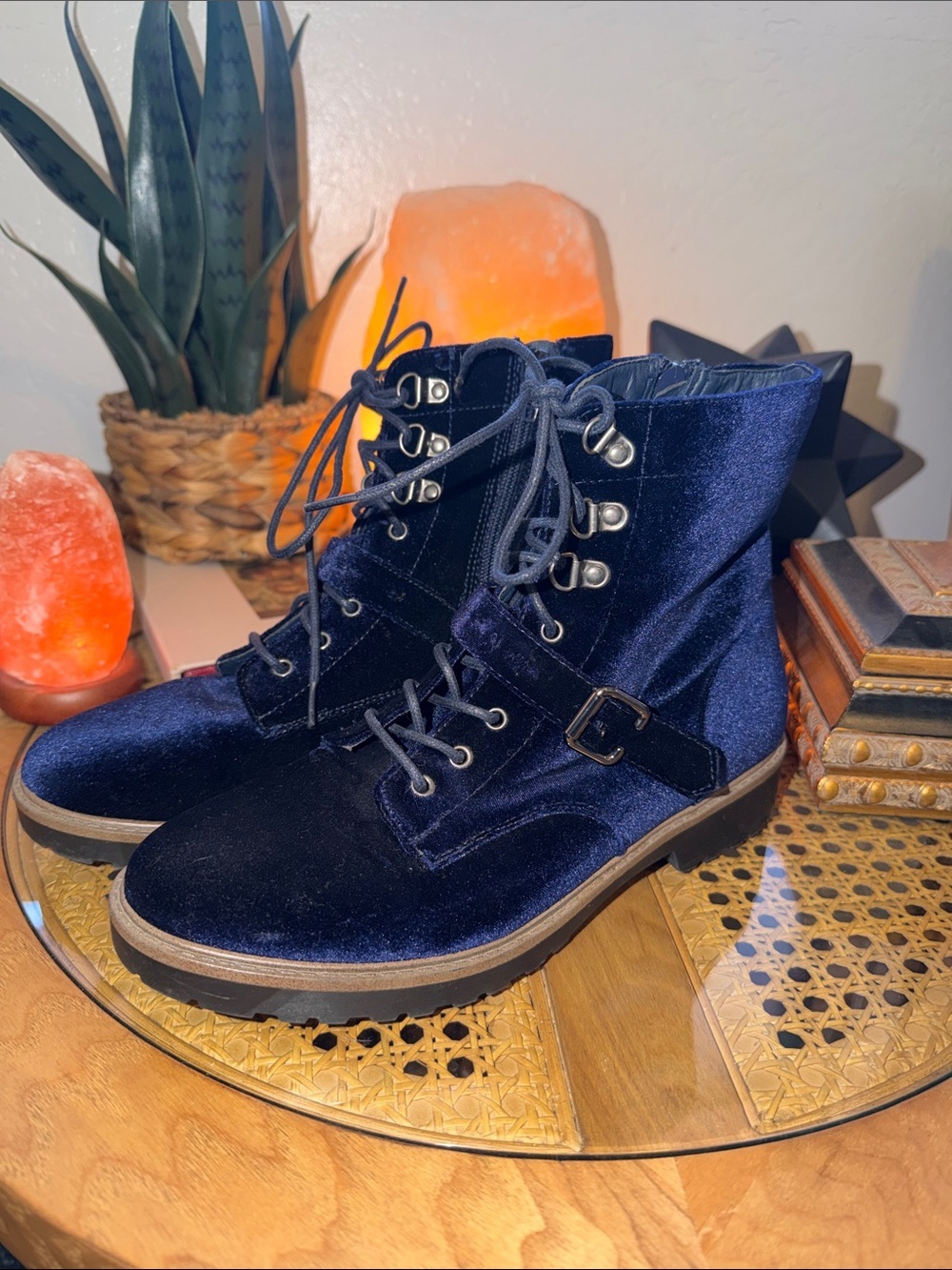 XOXO Navy Velvet Lace-Up Combat Boots
